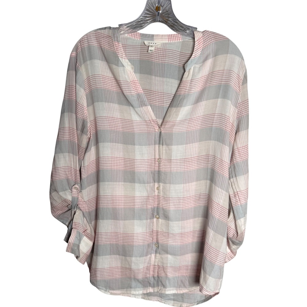 Soft Joie Plaid Cotton Blouse Small Roll Tab Sleeve Lightweight Button Front Top